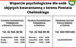 Informacja wsparcie psychologiczne dla osób objętych kwarantanną z terenu Powiatu Chełmskiego