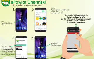 Instrukcja korzystania z aplikacji mobilnej epowiat chełmski, na zdjęciu herb powiatu chełmskiego, cztery telefony i animowana ręka trzymająca telefon