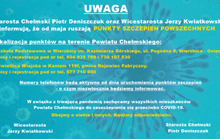 plakat z informacjami o Punktach Szczepień Powszechnych i tło niebieskie ze zdjęciem koronawirusa