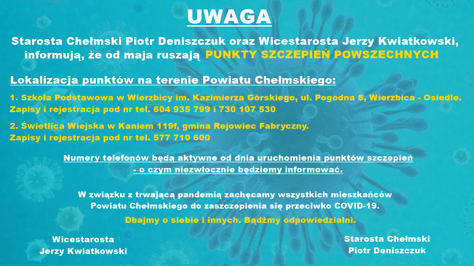 plakat z informacjami o Punktach Szczepień Powszechnych i tło niebieskie ze zdjęciem koronawirusa