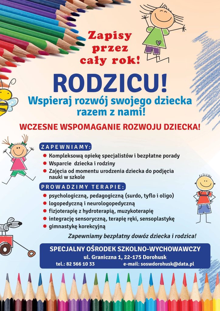 Plakat dotyczący rekrutacji do Specjalnego Ośrodka Szkolno-Wychowawczego w Dorohusku