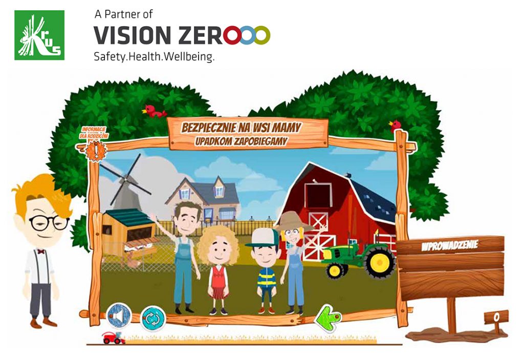 plakat kursu dla dzieci przedstawiający dzieci oraz dorosłych znajdujących się na wsi, w tle jest czerwony budynek oraz zielono zółty traktor oraz kurnik, dom i wiatrak 