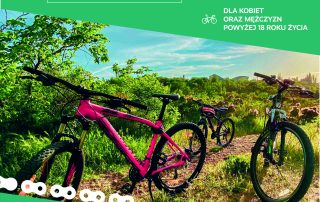 plakat lubelskiego rajdu rowerowego, na którym znajdują się dwa rowery na tle zielonych obszarów, mapa Polski oraz informacje odnośnie wydarzenia i organizatorów