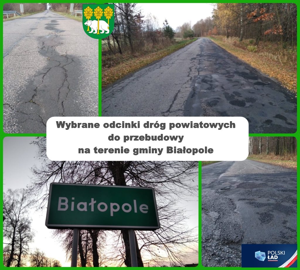 Kolaż zdjęć z dróg w Białopolu, logo powiatu chełmskiego i logo polskiego ładu