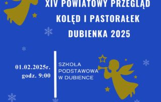 plakat niebieski, złote aniołki, herb powiatu chełmskiego i gminy Dubienka